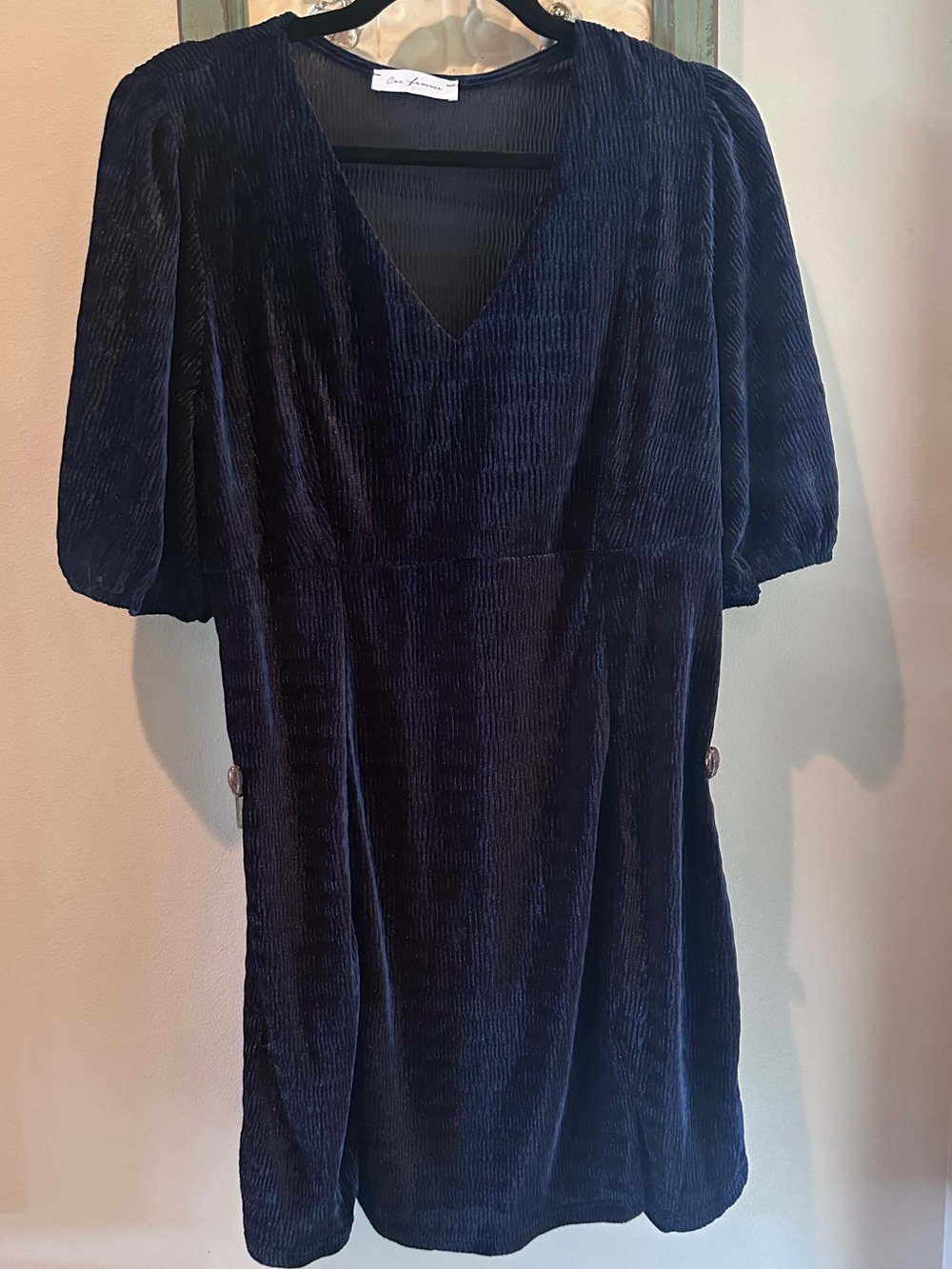 Ces Femme Navy Velvet Crinkle Babydoll Dress Puff Sleeve Multiple Sizes NWOT